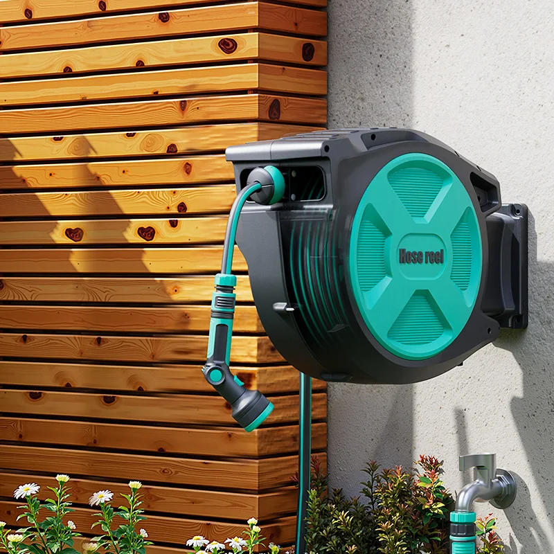 Andeca Automatic Retractable Garden Hose Reel Free Locking 180° Free Swivel Wall Mountable Hose Reel Soft PVC Hose