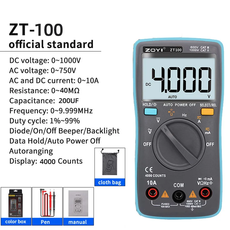 Multimeter Digital Pintar ZT100 dengan Bluetooth LCD Multimeter AC 4000 Counts Fitur Rentang Otomatis