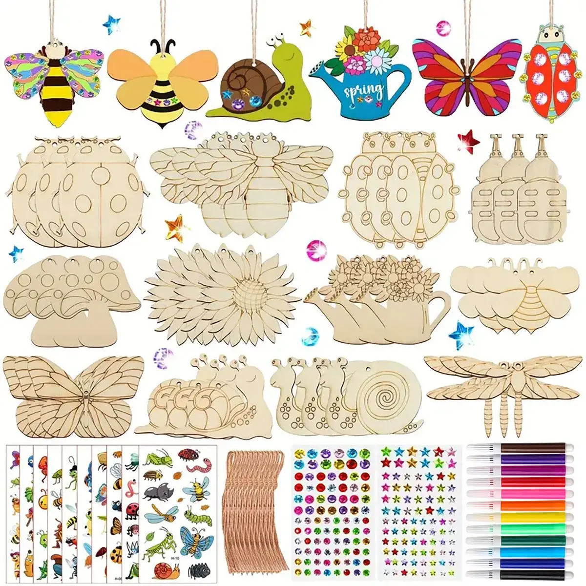 36-teiliges Malset für Kinder: DIY Holzfiguren (Pflanzen & Insekten) mit Malstiften und Aufklebern – Familien-Kunstaktivität zum Aufhängen im Garten