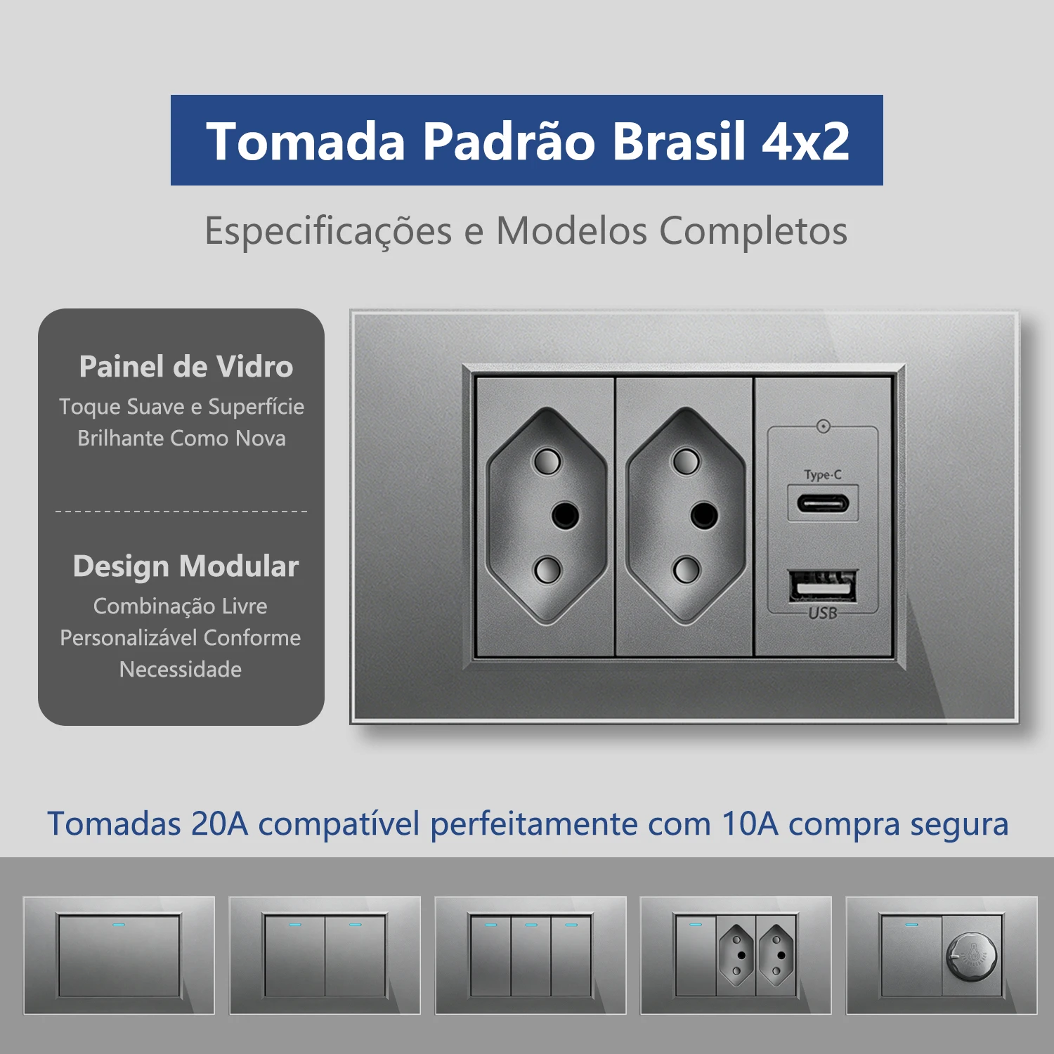 Tomacorriente Estándar Brasil, Panel de Vidrio Gris 4x2 con Interruptor, USB Tipo C, 10A 20A, Enchufe Eléctrico para Casa, Oficina, Hotel