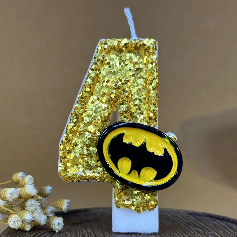 1pcs Birthday Number 5 Candles,  Funny Bat Theme Birthday Candles for Cake, Golden Numeral 0-9 Candle Cake Topper with Sequins