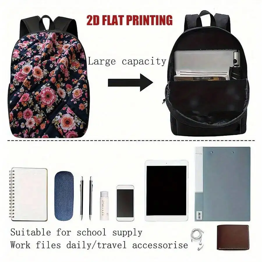 

Floral 2D Flat Print Polyester Backpack Large Capacity Lightweight School Travel Bag