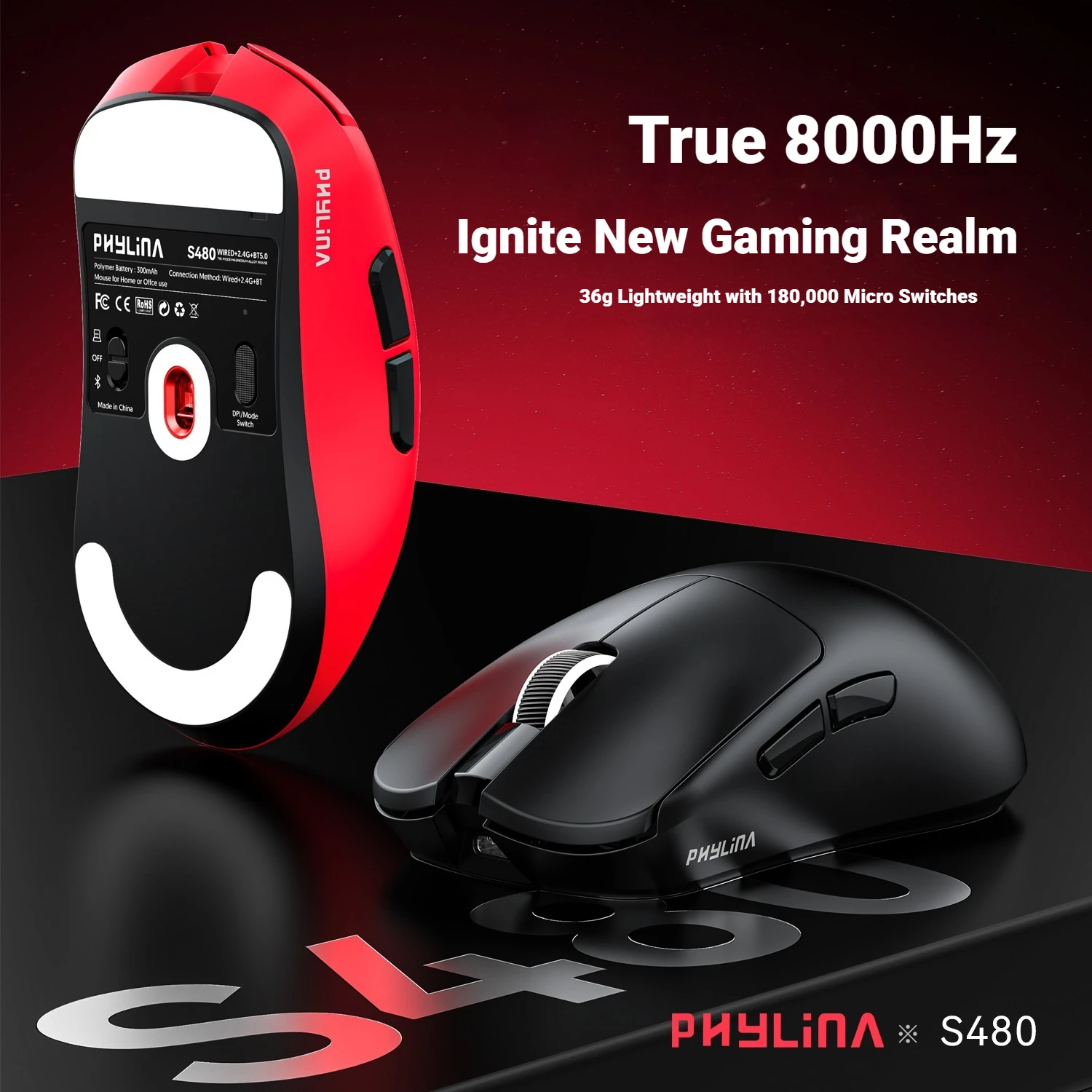 PHYLINA S480 Wireless Gaming Mouse Tri Mode PAW3950 Sensor 8K 36g Ultra Lightweight Holeless Rechargeable For PC Gamer Office