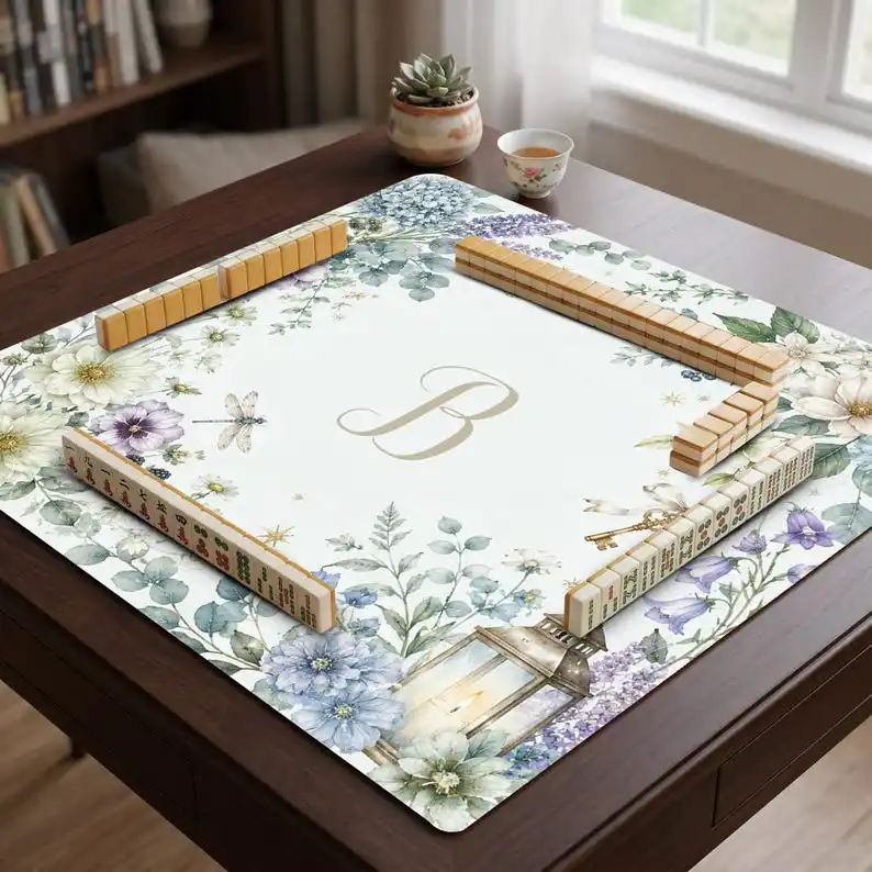 Watercolor Purple Floral Dragonfly Mahjong Table Mat Non Slip Noise Dampening Soft Pad Washable For Ladies Home Mahjong Game
