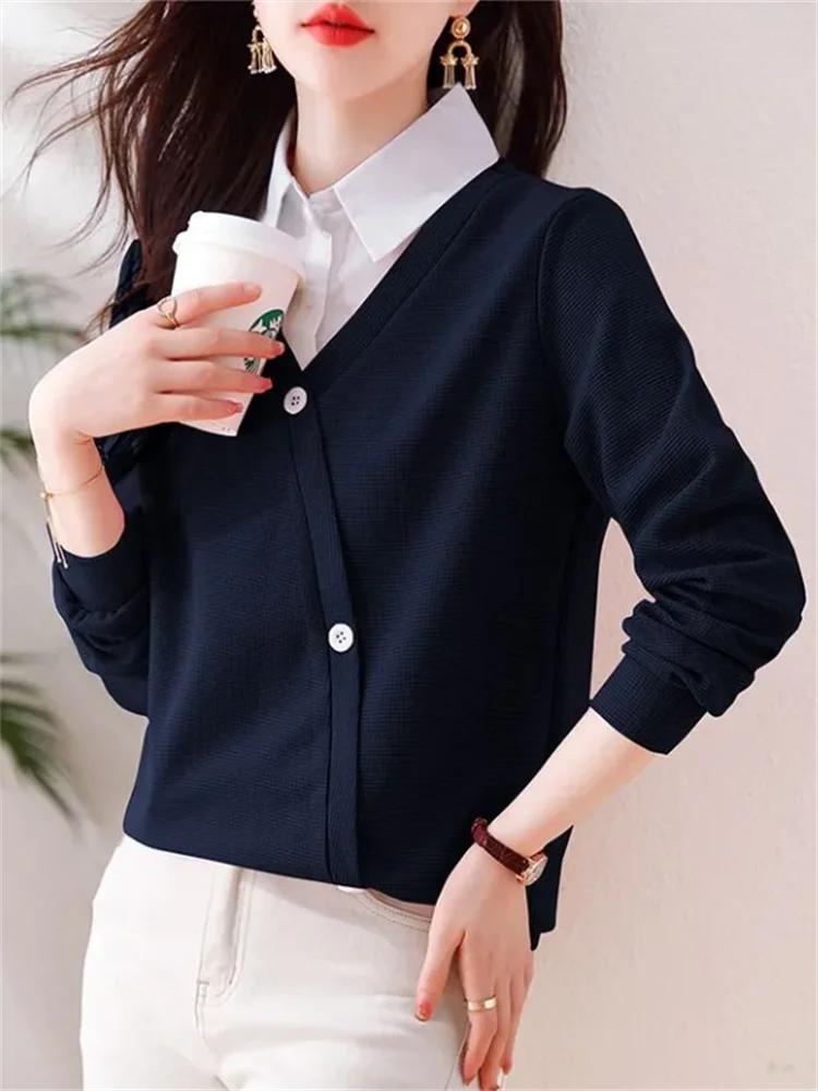 Fashion Patchwork Shirt Women Pullover Fake Two piece Top Splicing Woman Clothes Blous Loose Cotton Shirt Autmn Female Blouses