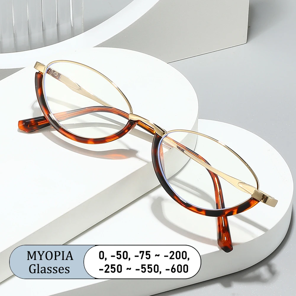 

Brand Design Women Oval-shaped Small Alloy Frame Myopia Glasses Prescription Nearsight Anti Blue Light Men Near Sight Eyeglass