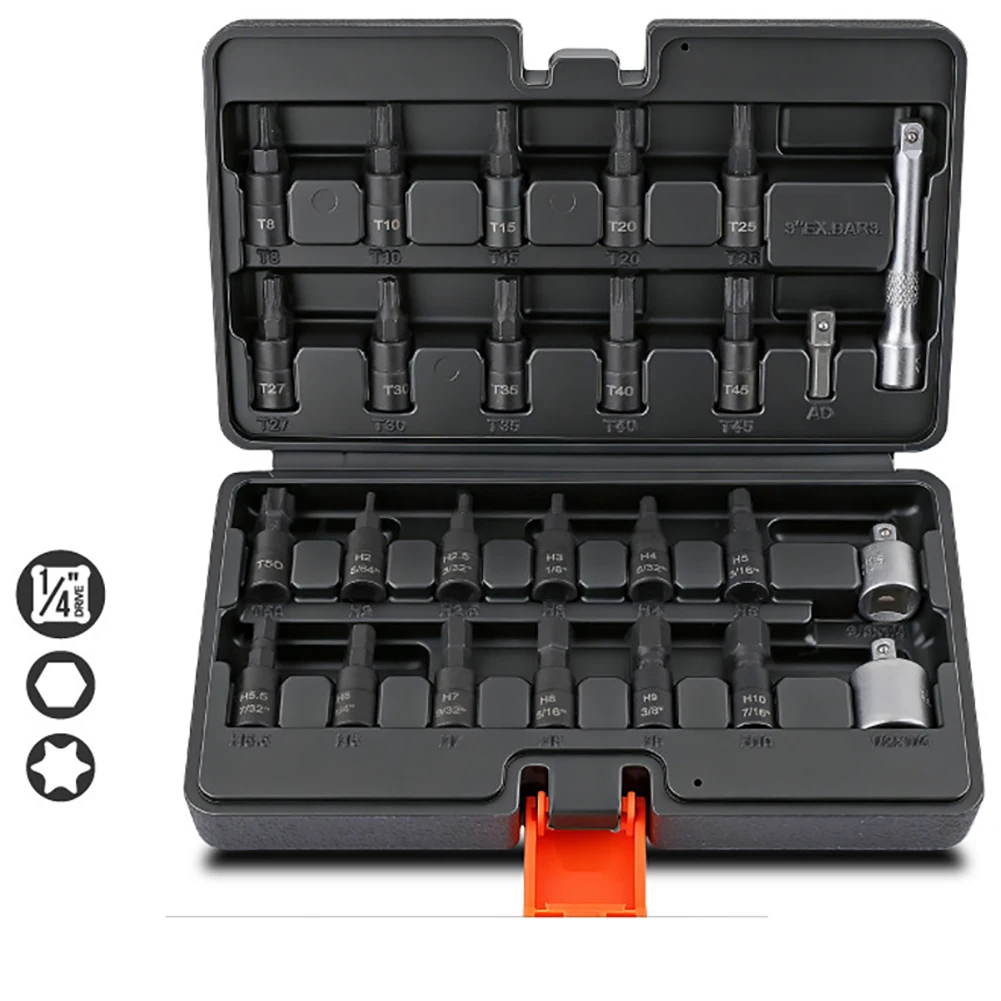 26PCS Alloy Steel Hex Bit Socket Set With For Torx Drive Adapters 1/4 3/8 1/2 Inch For Impact Wrench Automotive Repair Tools Kit