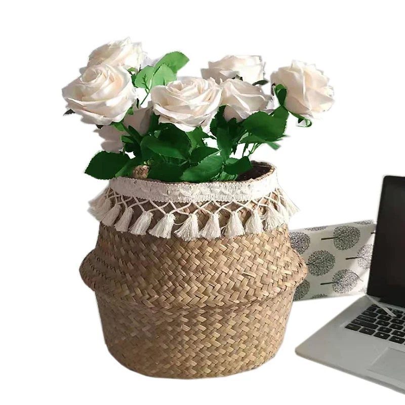 Tassel Macrame Woven Seagrass Belly Basket for Storage Decoration Picnic Plant Basin Cover Groceries and Toy Storage