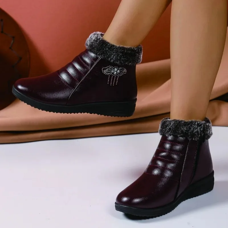 Winter Women Fleece Lined Warm Ankle Boots Fashion Rhinestone Bow Decor Side Zipper  Non-slip Wedge Snow Boots outdoors sneakers