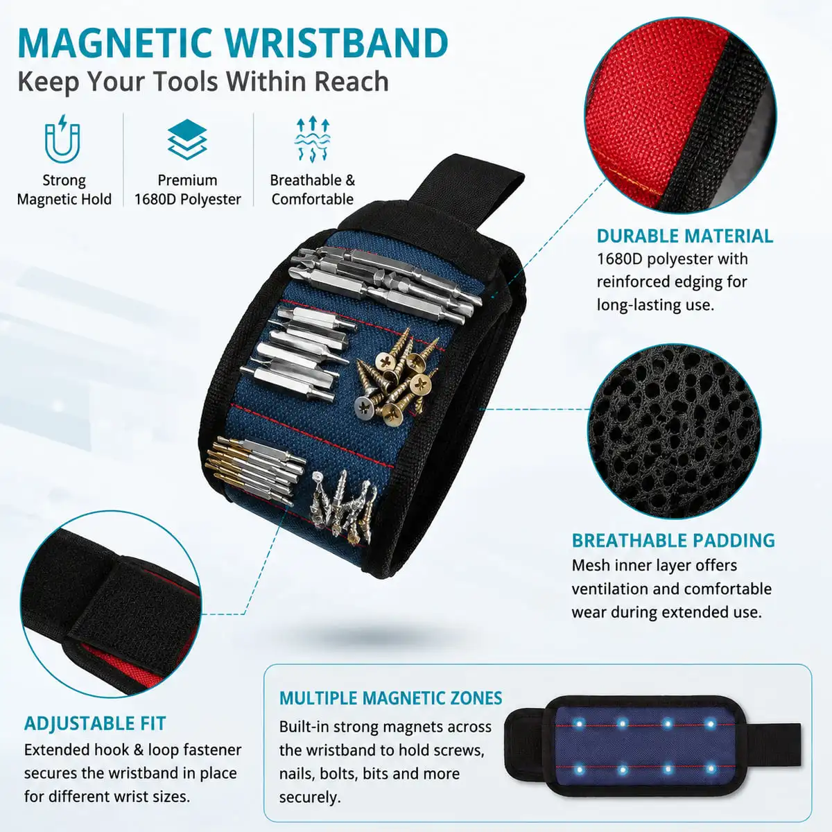 LANKE 1PC Magnetic Tool Wristband for Screws Nails Nuts Drill Bits Adjustable Hands Free Home Repair Organizer Black Red Blue gallery 1