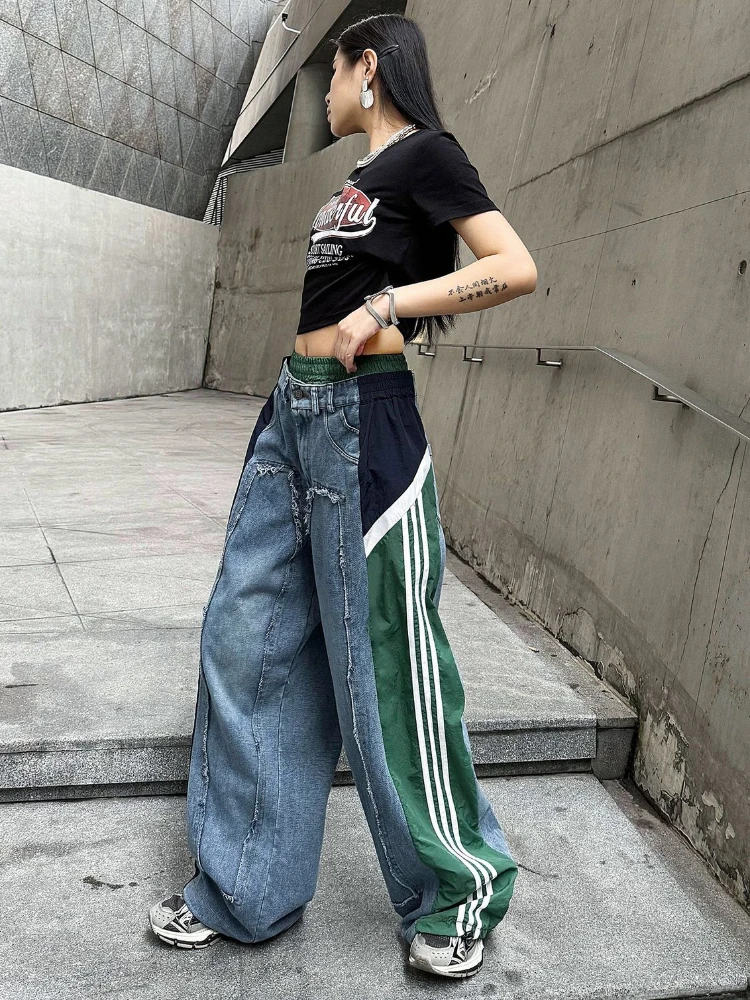 2024 Street Spicy Girl High Waisted Jeans Women's New Elastic Contrasting Color Loose Slim American Retro Denim Wide Leg Pants