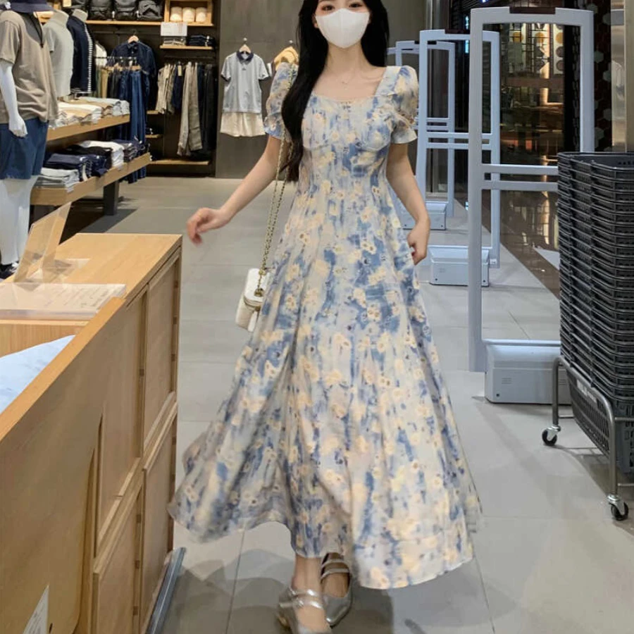 Women's Bohemian Dress Long Robe Floral Puff Sleevs Retro Female Stamp Dress New Summer Square Collar Sweet Midi Dresses Korean