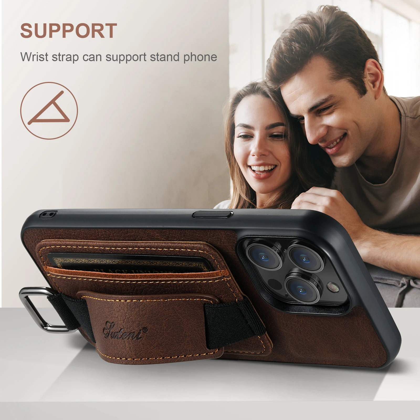 SUTENI Luxury Leather Card Holder Phone Case Wrist Strap Wallet for iPhone 17 16 15 14 13 12 11 Pro Plus Max X Xs XR