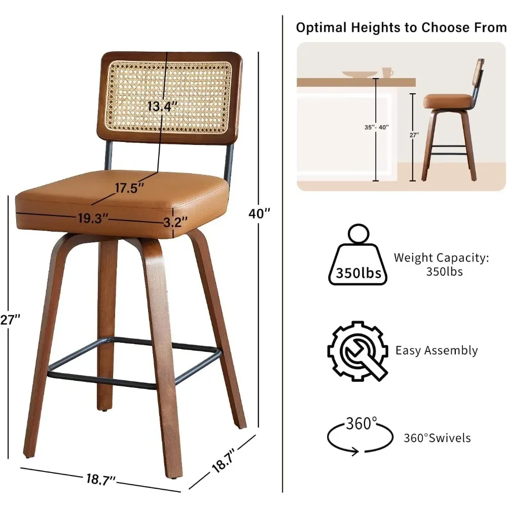 Swivel Counter Height Bar Stools Set of 3,Mid Century Modern Barstools with Rattan Back,27 inch Seat Height Solid Wood Kitchen