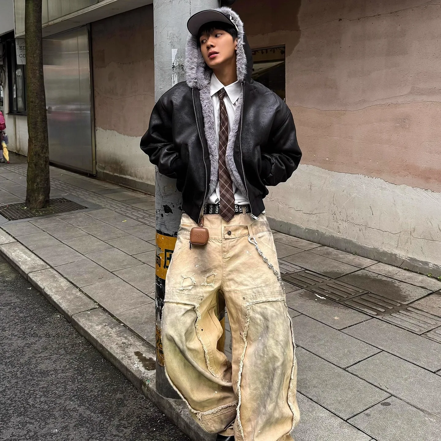 

Autumn Winter Large Size 250 Pou Faux Hooded Mountain Eagle PU Leather Jaet Men's Warm Cotton Jaet with Fce