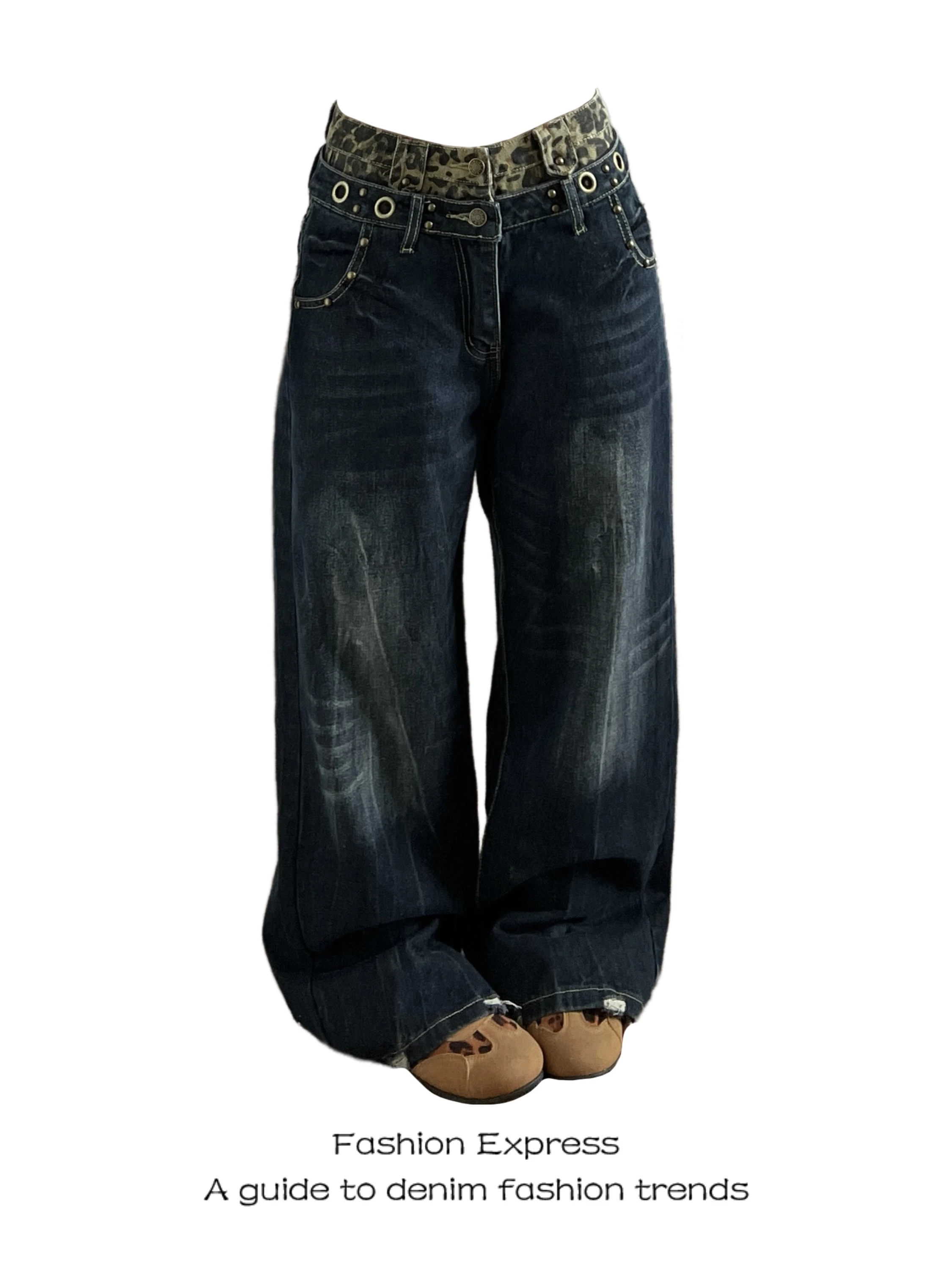 

Women's High Waist Wide Leg Jeans Double Waist Design Patchwork Leopard Print Contrast Nailhead Loose Fit Casual Denim Pants
