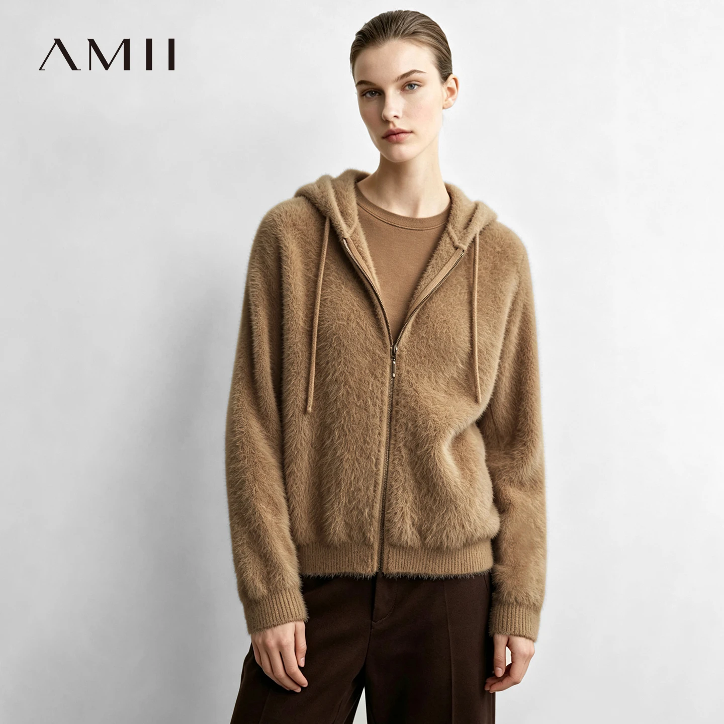 Amii Women's Hooded Zip Knit Cardigan Oversized Long Sleeve Mink Blend Casual Business Top for Women 2026 Autumn 12613025