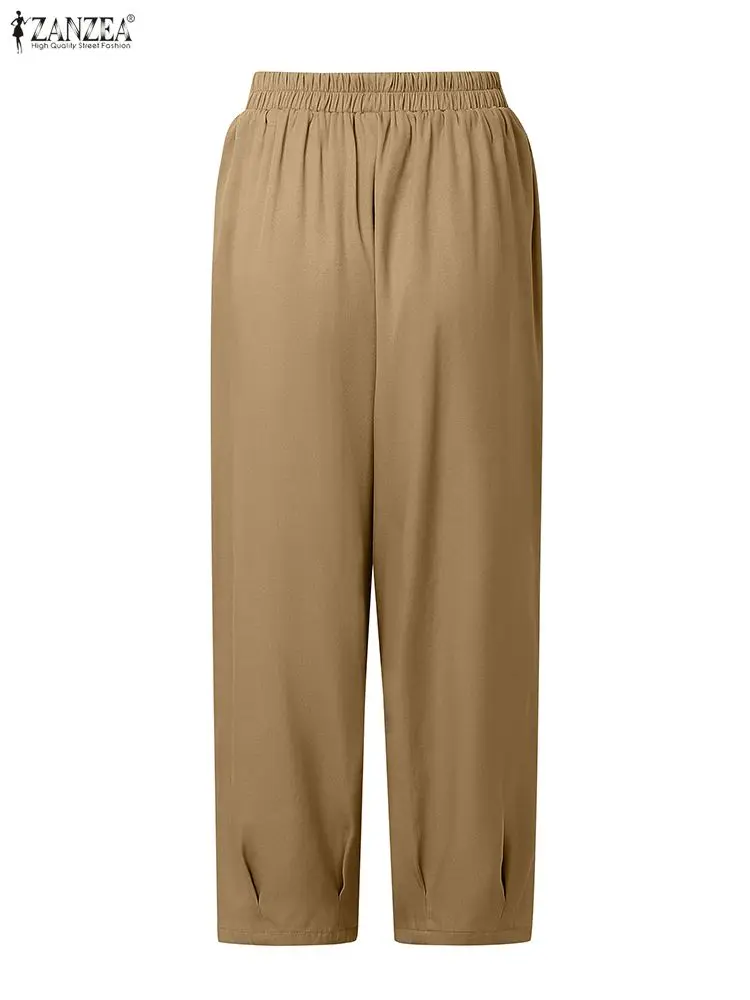 ZANZEA Mode Lange Broek Vrouwen Zakken Taps toelopende Broek 2025, Herfst Elastische Taille Pantalons Casual Solid Elegante Losse Capri