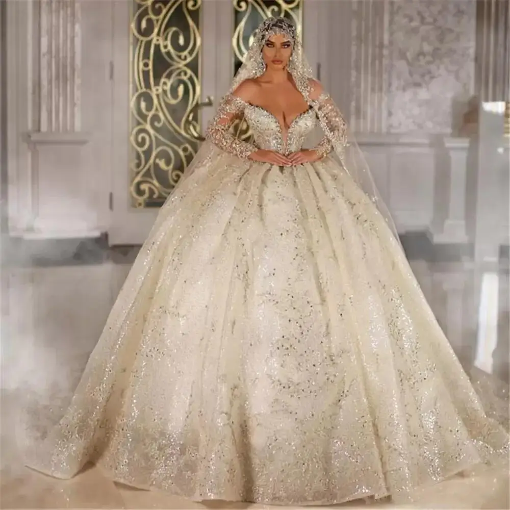 Luxury Dubai  Crystals Wedding Dress Sexy Deep V Neck Off The Shoulder Long Sleeves Court Train Gown