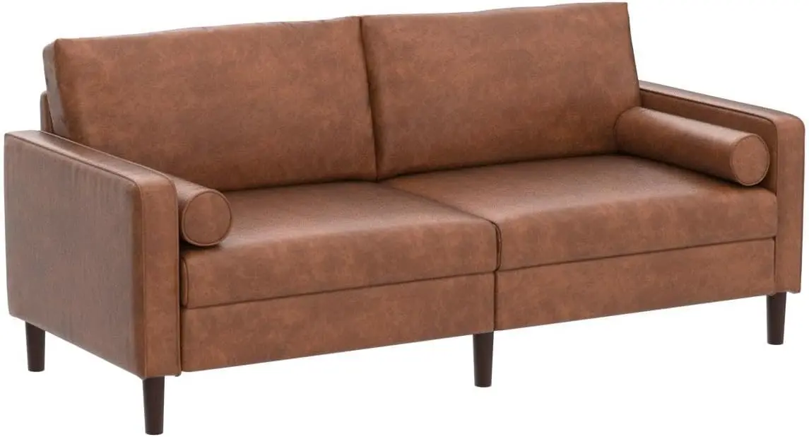 80” Leather Faux Loveseat Sofa, Mid-Century Modern Couch w/ Soft Cushion & Firm Structure for Living Room Bedroom, Brown