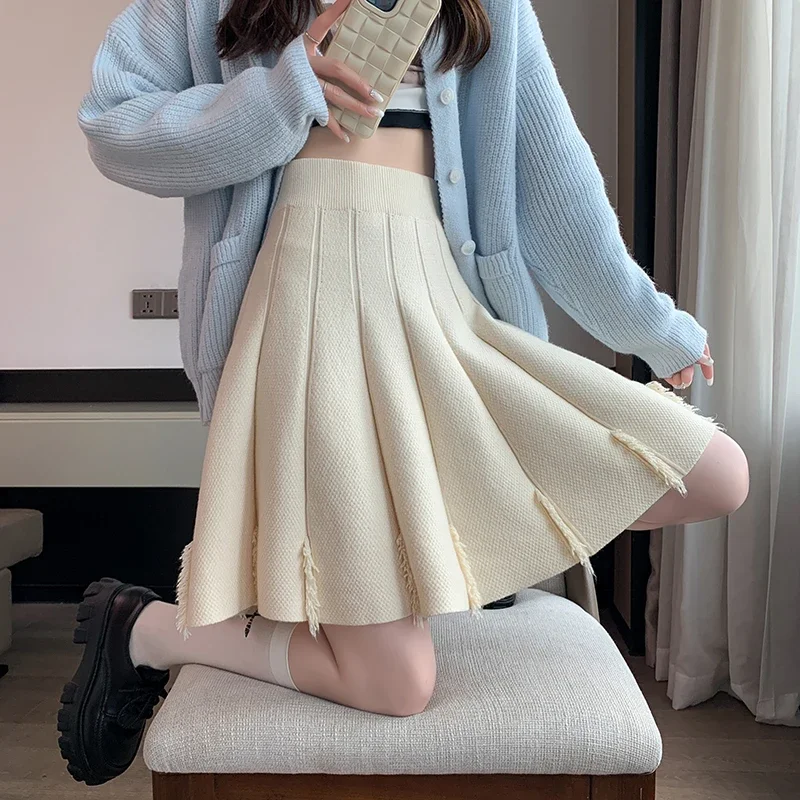 

MiiiiX Office Lady Solid Color Knitted Pleated Skirt Women's 2024 Autumn Thickened High Waist A-line Short Skirt Female Clothes