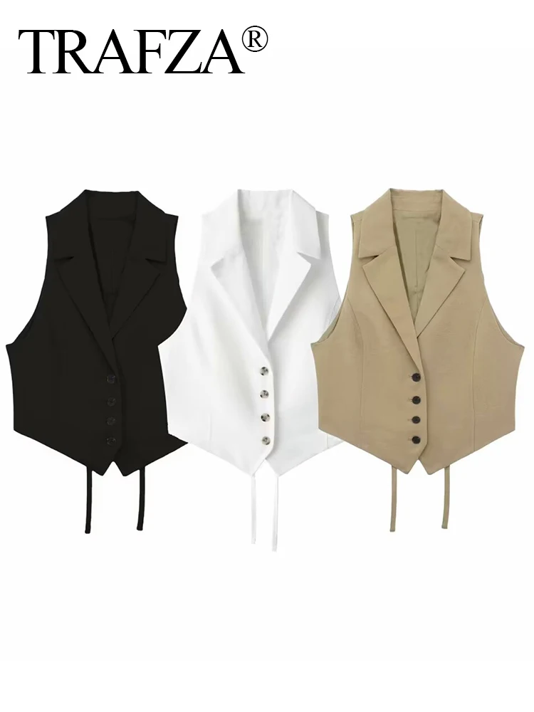 TRAFZA 2024 Woman Cropped Sleeveless Blazer Vest Summer Buttons Bow Tied Back Slim Tanks Female Crop Top Waistcoat