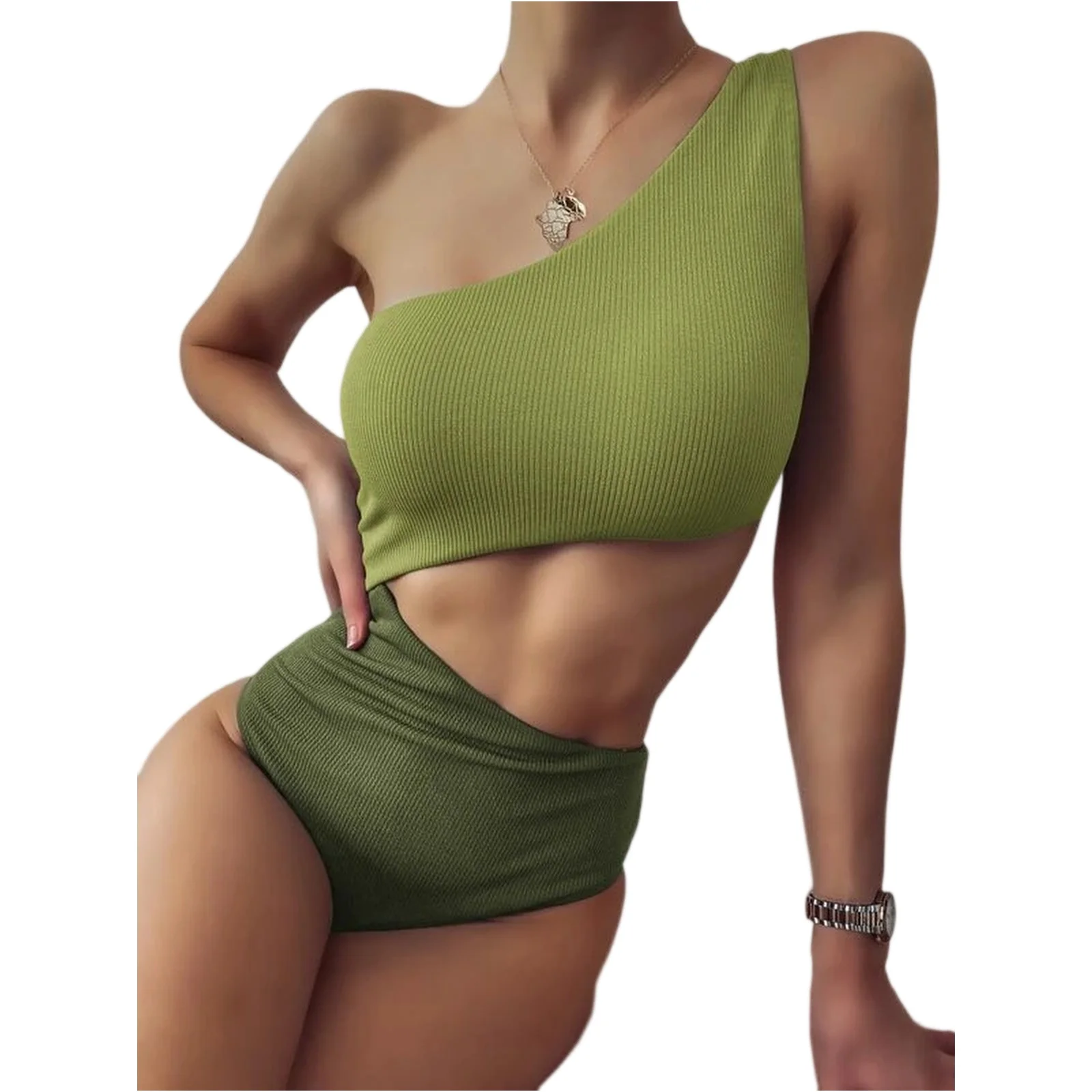 

Sexy One Shoulder Swimsuit Summer Ribbed Fabric Cutout Slimming Vacation One Piece Beach High Cut Bathing Suit Beachwear