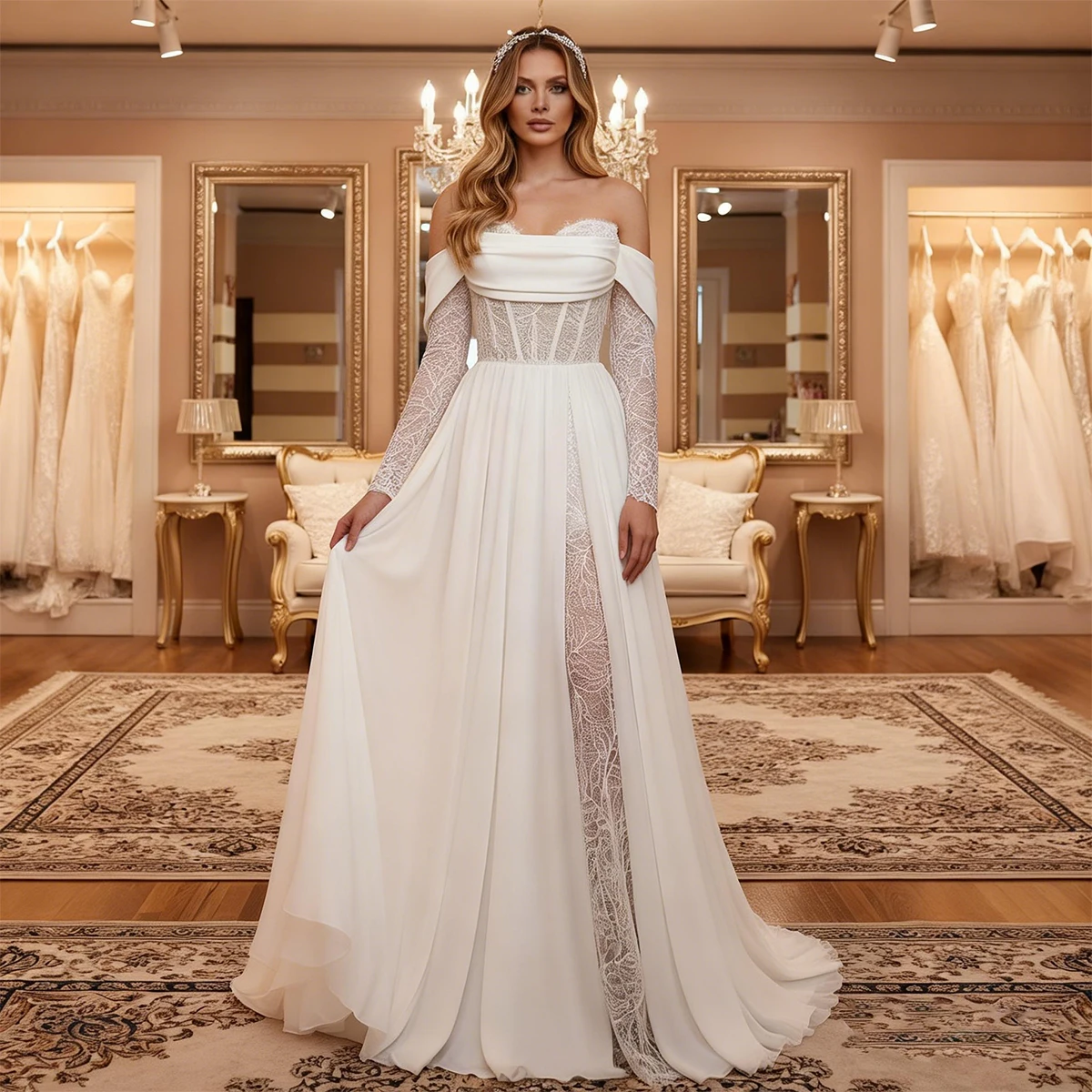 

Luxury Sweetheart Lace Wedding Dress With Slit Satin Bridal Gown For Women Long Sleeve Off Shoulder Ball Gown Vestidos Novia