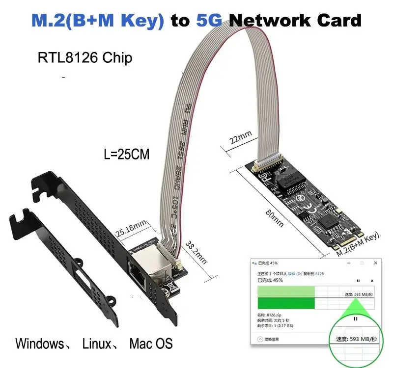 5GBase-T 1 Port 5000Mbps M.2 b key M key to PCIe 5gb Ethernet Card RTL8126 RJ45 LAN Controller Card