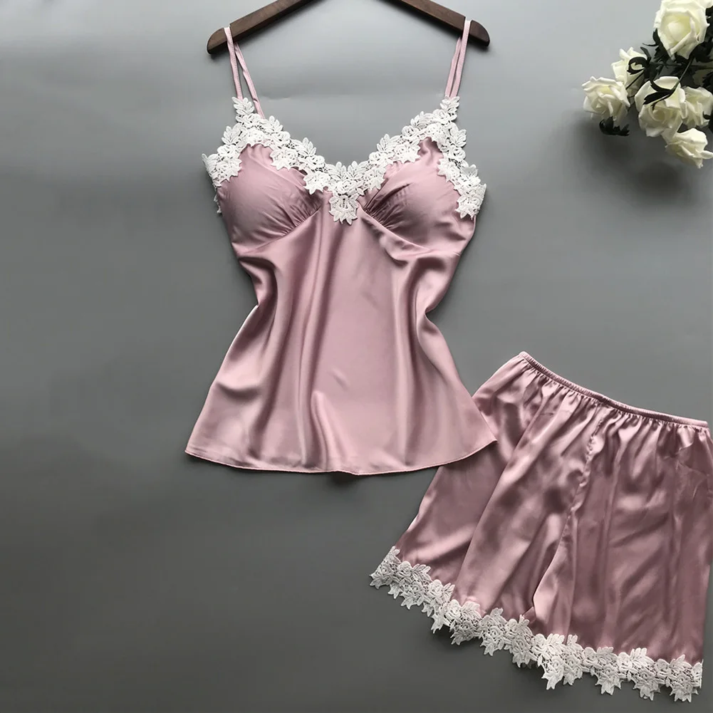 Sexy Women Pajamas Smooth Comfortable Satin Lace Border Sleepwear Spaghetti Straps Tops Shorts 2pcs Underwear Outfit Lingerie