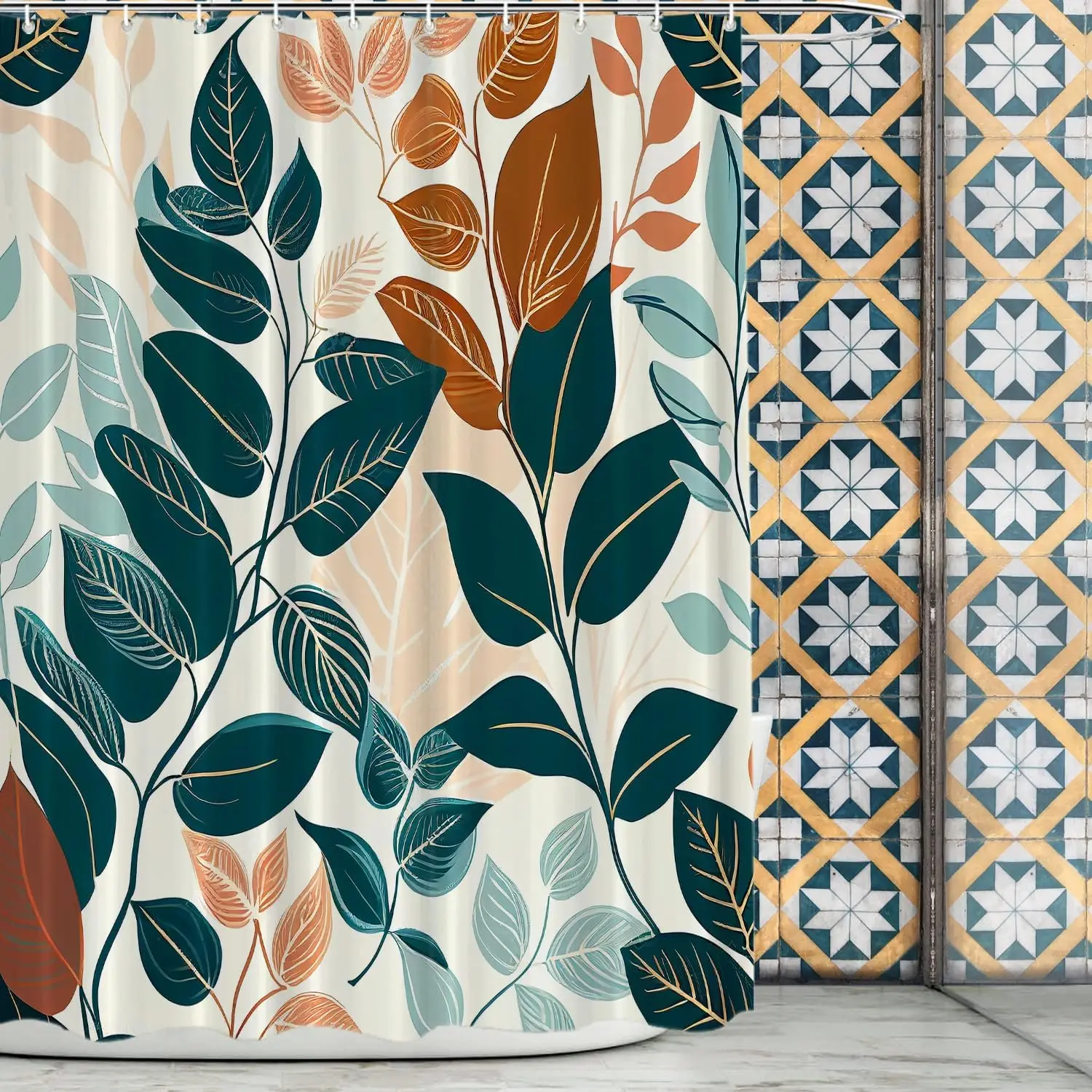 

Осенняя занавеска для душа с листьями и бирюзовым и оранжевым дизайном, современный ботанический декор для ванной комнаты, осенний узор, водостойкий