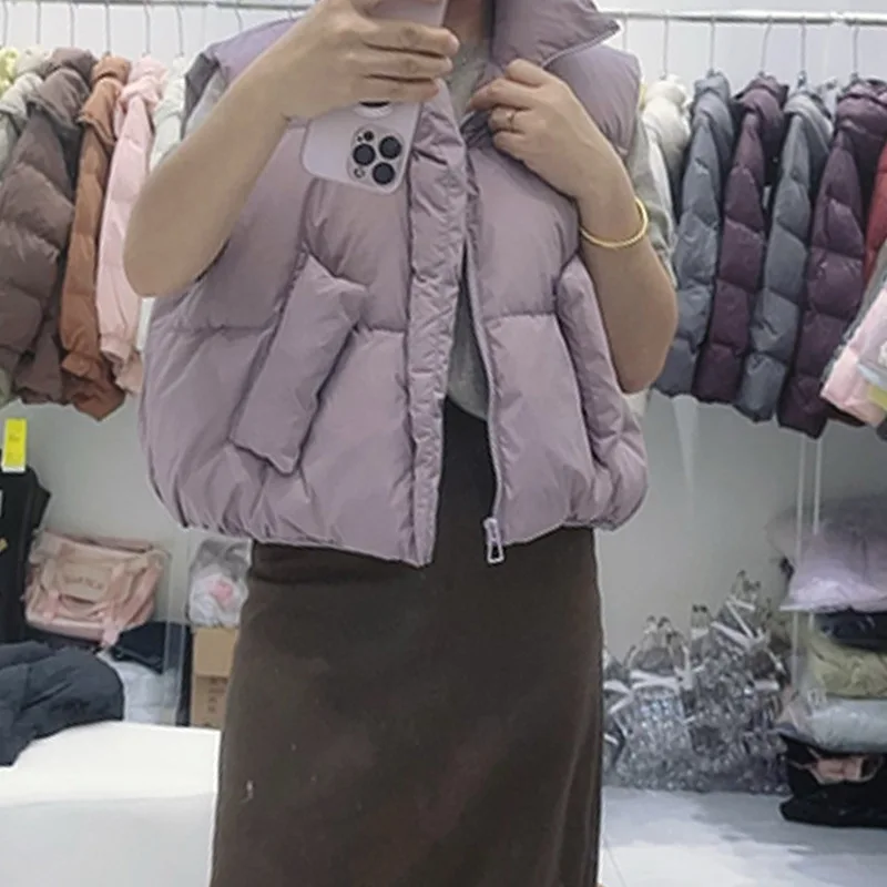 بلا أكمام المرأة أسفل سترة دافئة رشاقته خفيفة الوزن مبطن الستر موضة جديدة سستة الوقوف طوق الصلبة أكمام معاطف #4