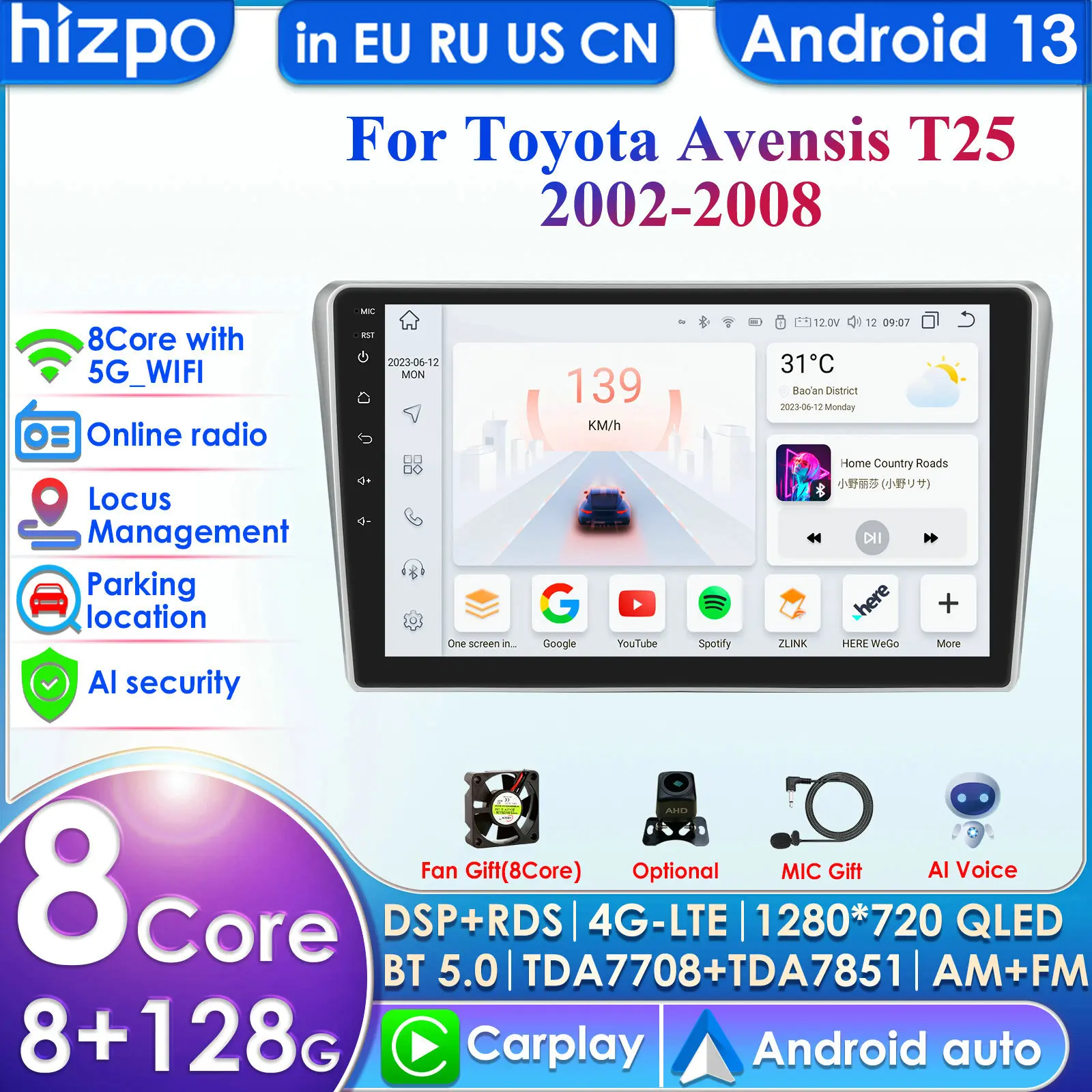 Hizpo 4G 9''10.33'' AI Intelligent System CarPlay Android Auto Radio for Toyota Avensis T25 2002-2008 Car Multimedia GPS Stereo