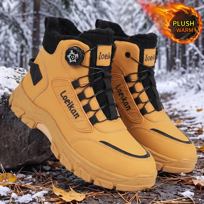 Men Winter Fleece Lined High‑top Boots Rotary Buckle Quick Lace‑up Thick Non‑slip Sole Warm Casual Male Shoes