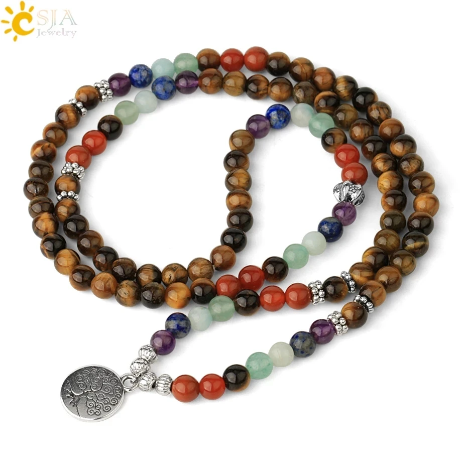 CSJA Tiger Eye Bracelet Natural Stone 7 Chakras 108 Mala Yoga 6MM Bead Tibetan Buddhist Bracelets Jewelry S558