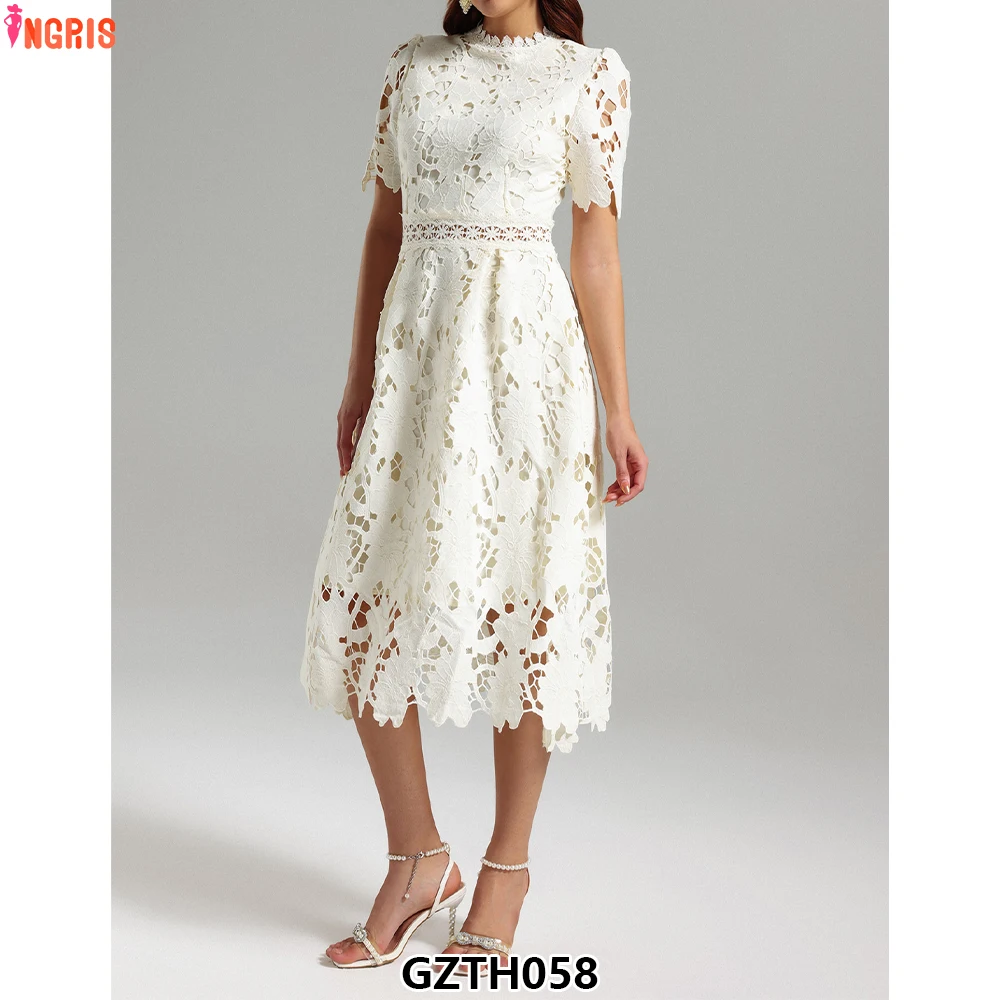 

New Fashion Arrival Waist Closing Short Sleeves Beautiful Embroidery Elegant Midi Dress Formal for Women-GZTH058