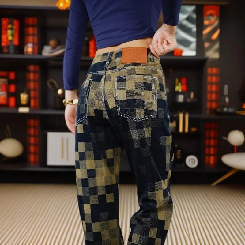 

Loose Fit Mosaic Cheered Blue Denim Jeans for Men Faionable Urban Sle Casual Wear Cotton Straight Leg Trousers