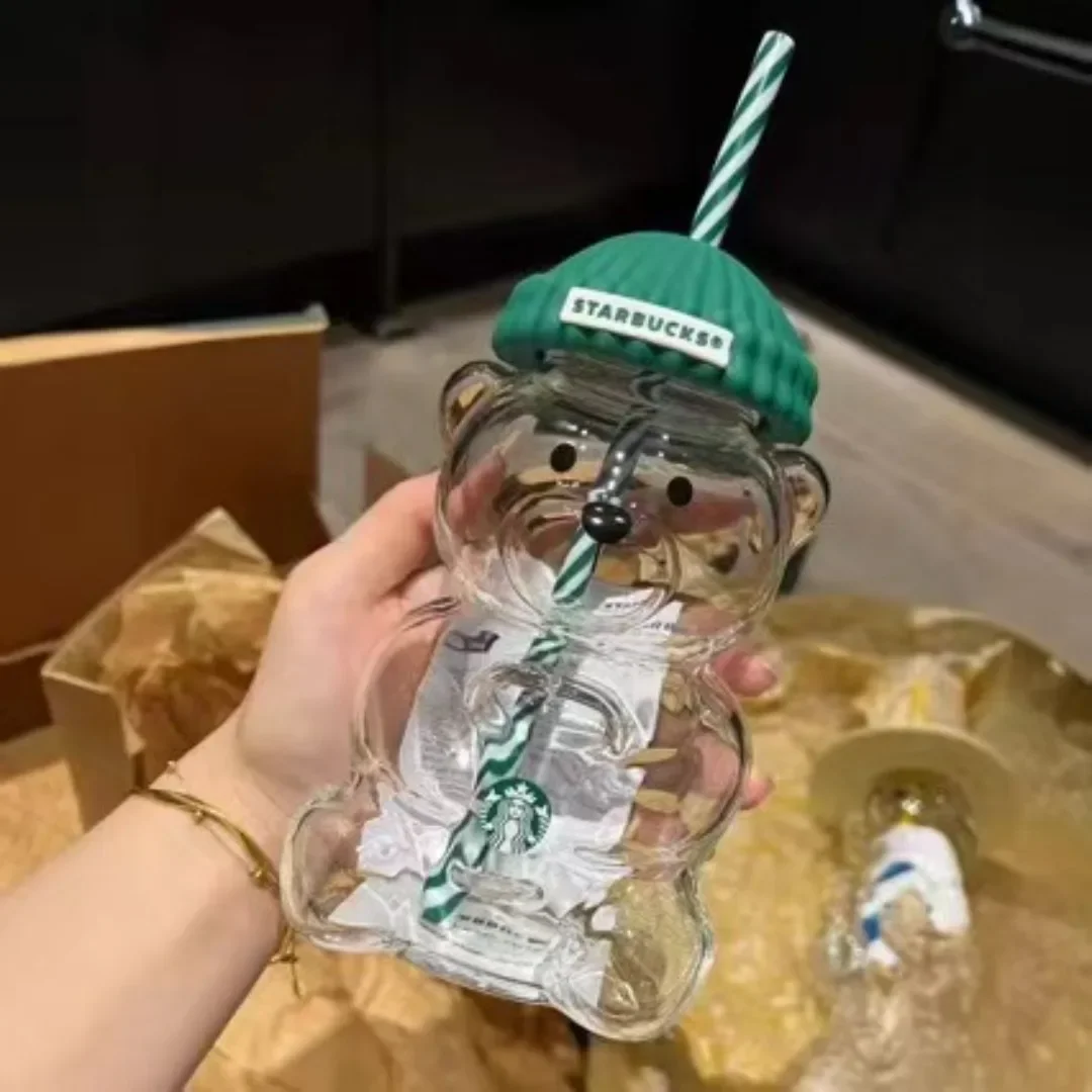 

2025 New 500ML Cartoon Bear Shaped Coffee Mug Cute Bear Mug Glass Cup With Straw Transparent Creative Milk Coffee Water Cups
