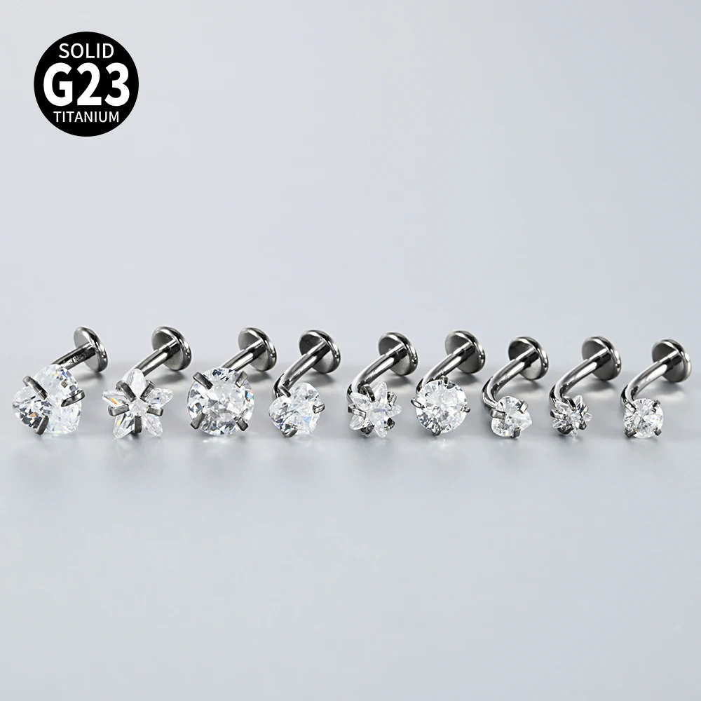 1-4PCS G23 Titanium Curved Belly Button Ring CZ Flat Back Navel Piercing Barbell Labret Lip Stud Star Heart Round Zircon Earring view 5
