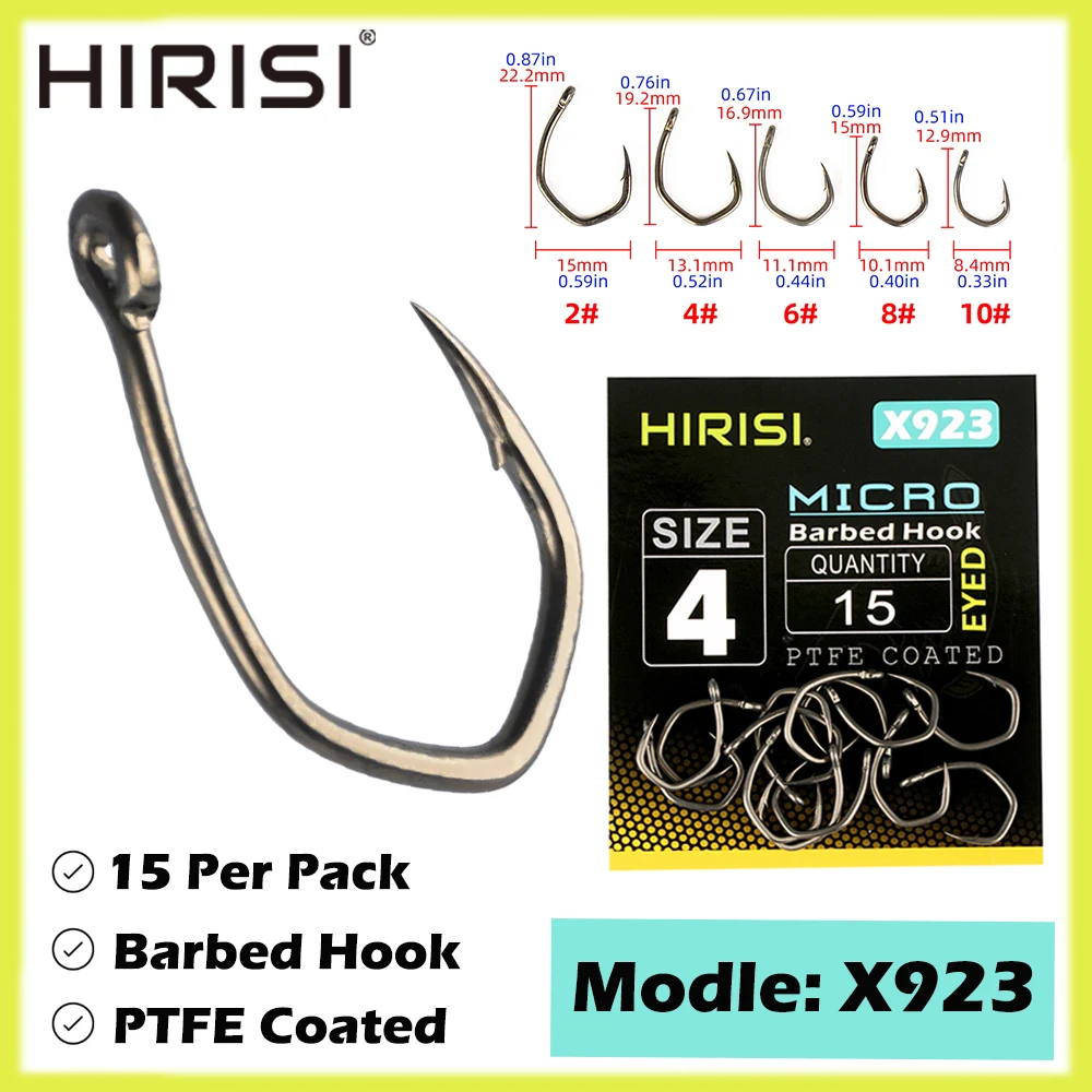 Рыболовные крючки Hirisi, 15 шт., с PTFE-покрытием, с ушком, с микро-зазубринами, из высокоуглеродистой стали, для ловли карпа, рыболовные принадлежности