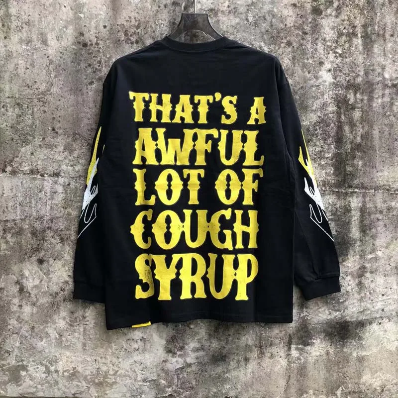 Retro Text List Print Long Sleeve T Shirt Unisex That's A Awful Lot of Cough Syrup Casual Loose Hip Hop Streetwear Tops