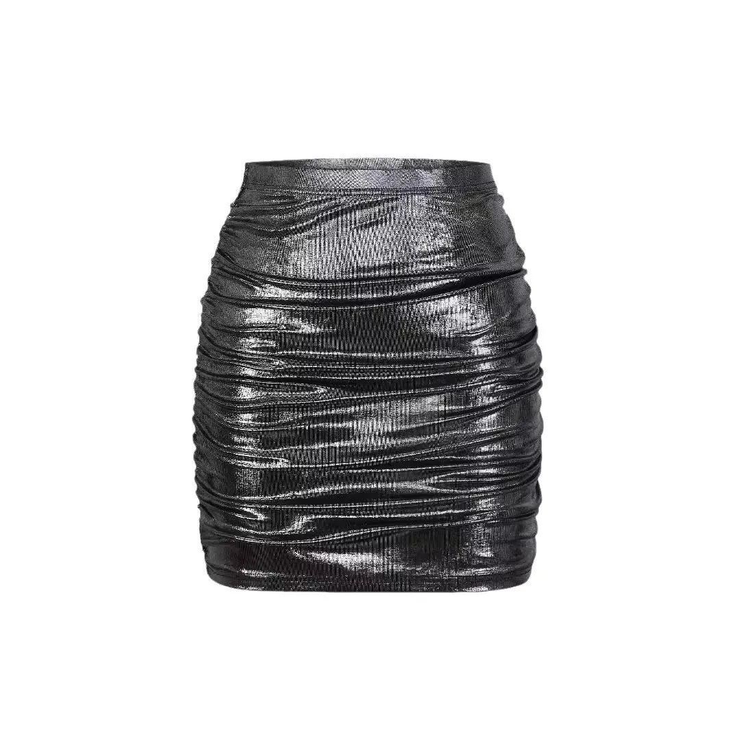 Y2k Women's Skirt Metallic Ruched Mini Skirt High Waist Red Skirt Stretch Black Patchwork Short Skirt Women Shiny Silver