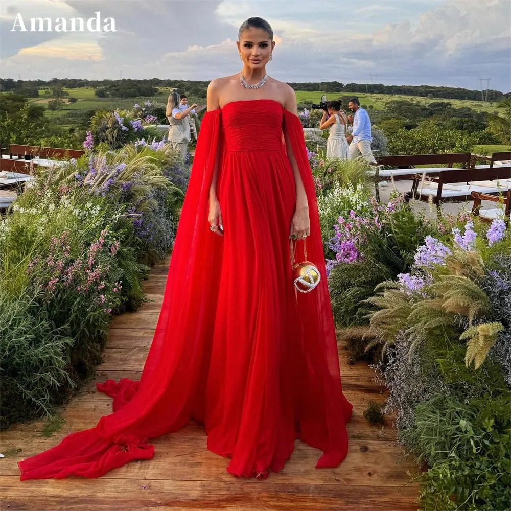 Amanda Elegant Red Chiffon Vestido De Novia Gorgeous Cape Sleeve Silk Chiffon Prom Dress Strapess Maxi Evening Dresses