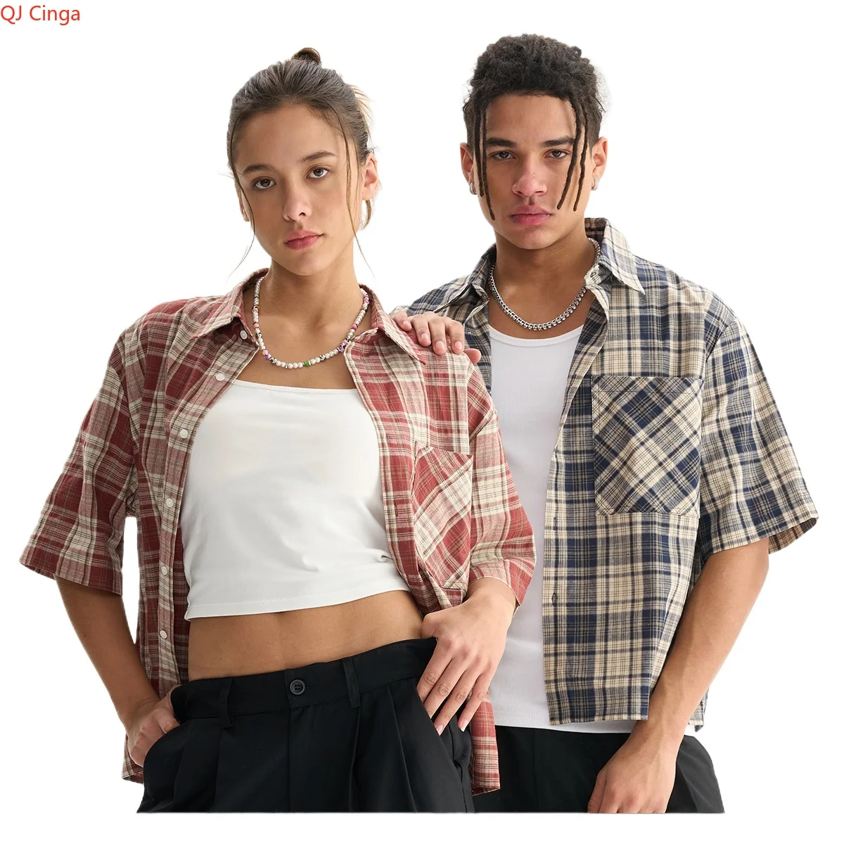 

Весна 2026. Укороченная хлопковая рубашка в клетку унисекс с цветными блоками, женские рубашки с короткими рукавами и воротником, мужская летняя парная рубашка Boxy.