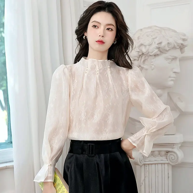 

Ретро-элегантность: Вышитая женская блузка с воротником-стойкой и длинным рукавом, весенняя мода, высококачественный уникальный топ из шифона