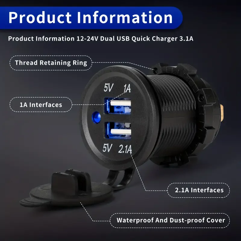 12-24V dvojí USB auto nabíječka nástrčkový vodotěsný auto energie vývod 3.1A USB nabíječka pro auto motocykl kamion RV loď