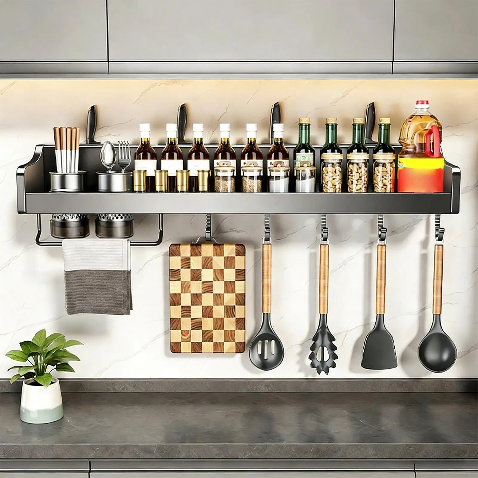 

Держатель для кухонных принадлежностей с сильным клеевым креплением, органайзер для кухонной полки, для дома, для использования на столешнице или в шкафу, для кухонных принадлежностей