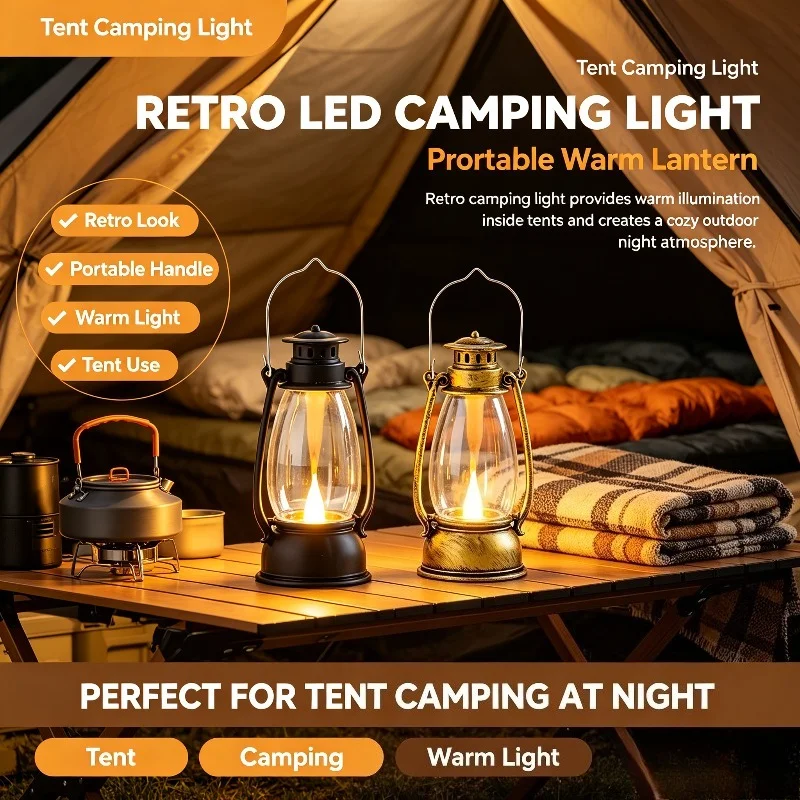 Warm Retro LED Camping Light Portable Lantern Handle for Outdoor Hiking Tent Table Home Decor Vintage Style Emergency Light