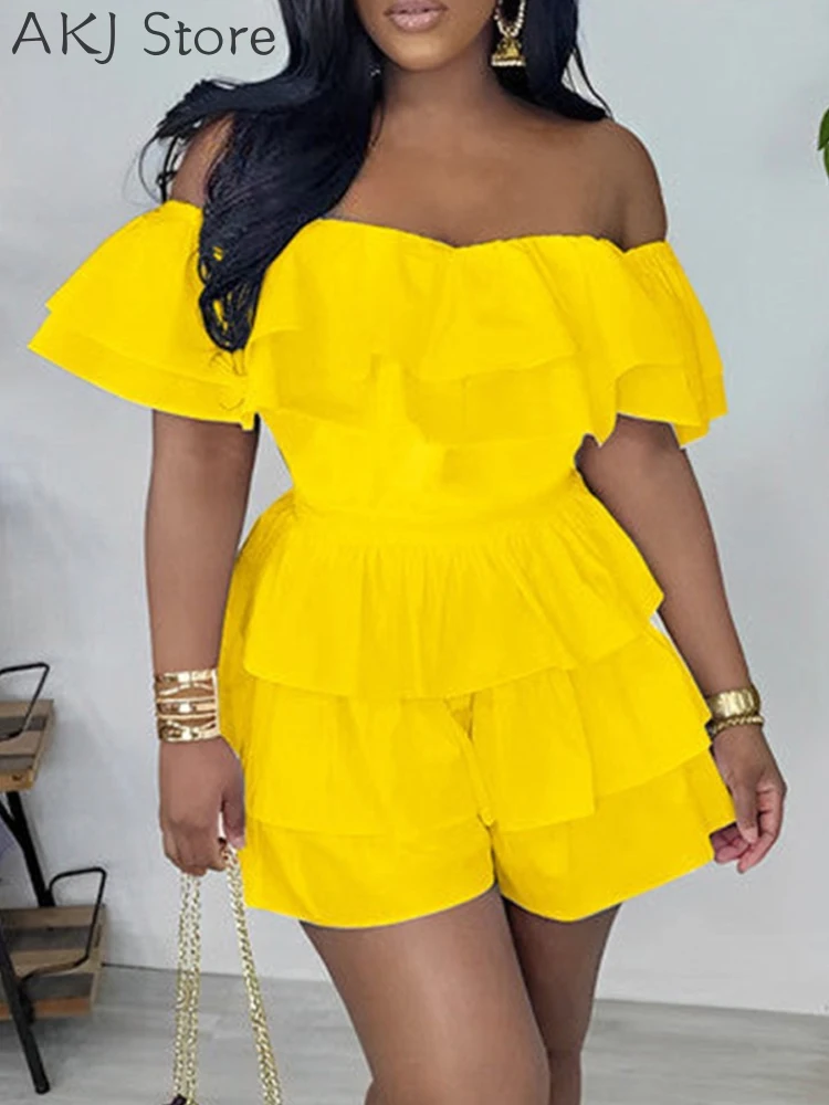 Women Short Sleeve Off Shoulder Layered Ruffles Romper