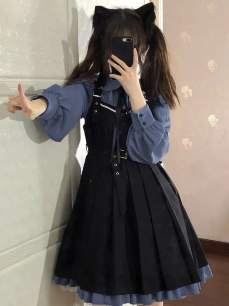 Lolita Zoete Meisjesjurk Kawaii Leuke Jarretel 2-delige Set Vrouwen Casual Shirt Jsk Japanse Outfits